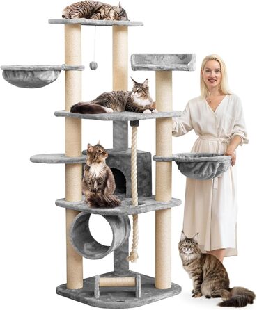 Великий стійкий котячий комплекс HAPPYPET Parker 171 см, сірий – кішкам: ігровий тунель, будиночок, лежанки, стовпи 11 см, XXL кігтеточка, дряпка, килимок для котів