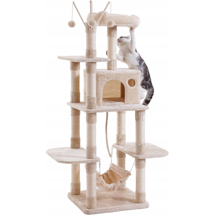 Великий когтеточка-будиночок для кота бежевого кольору з гамаком та сизалевою печеркою