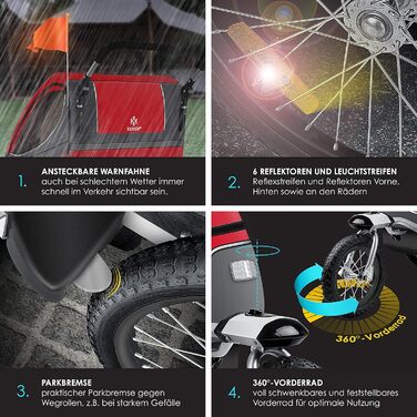 Дитячий причіп KESSER® 2в1 для велосипеда з поворотним з'єднанням 360° та амортизацією. Підходить для 1-2 дітей (до 40 кг), з 5-точковим ременем безпеки та прапором.