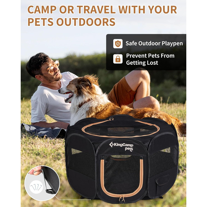 КінгКемп Переносний вольєр для собак, вольєр для цуценят, складаний вольєр для домашніх тварин, собаче намет з сумкою, для використання в приміщенні та на вулиці, знімний замок-блискавка знизу, розмір S: Чорний