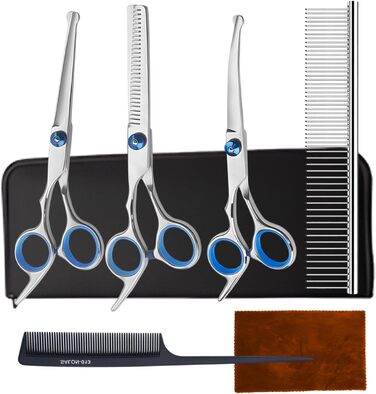 Набір професійних ножиць для собак 7 в 1 з нержавіючої сталі, з безпечними закругленими кінчиками. Включає ножиці для вирівнювання, вигнуті та прямі ножиці, гребінець для грумінгу. Підходить для собак, котів та інших тварин