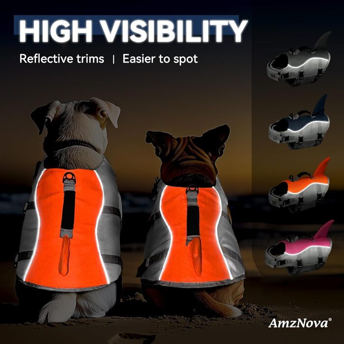 AMZNOVA Жилет для плавання собак Shark, жилет з ластами та плавником акули, рятувальний жилет для собак, для катання на човні, допомога у плаванні, легкий, L, (XL: 79-97 см (обхват грудей), яскраво-помаранчевий)