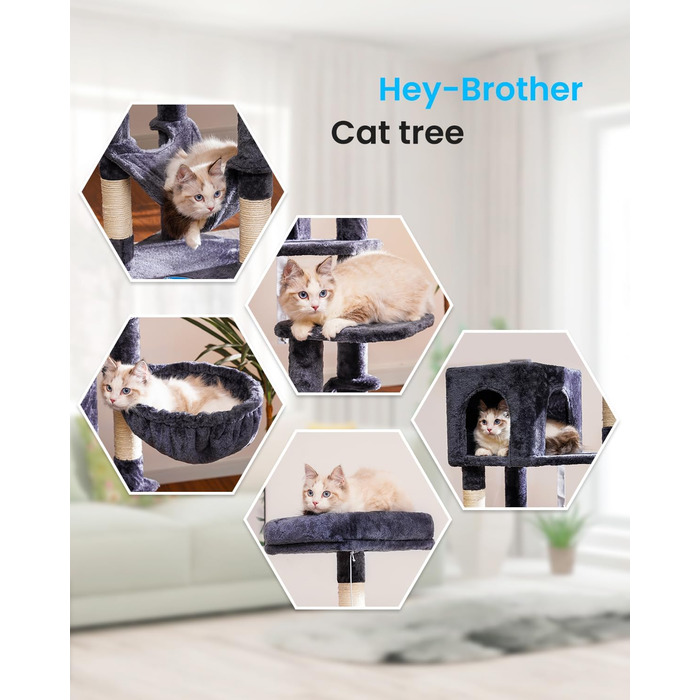 Котячий комплекс Hey-brother з великою гамаком, багаторівнева когтеточка для домашніх котів, котячий будиночок із сизалевими стовпами та полицею, димчасто-сірий MPJ050G