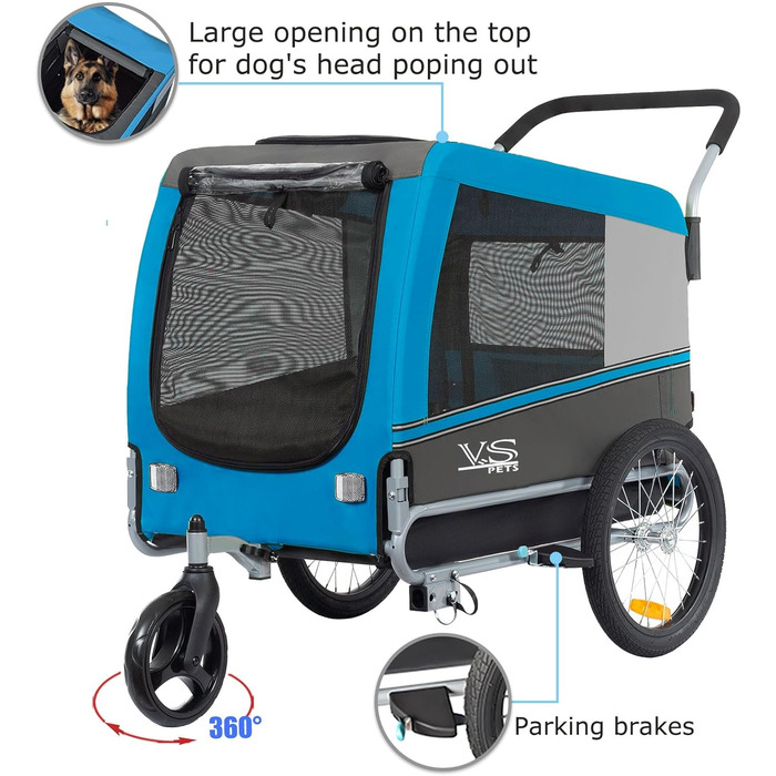 Візок для собак Tiggo VS Pets 2-в-1: візок та велосипедний причіп, блакитний, об'єм 270 л, до 35 кг