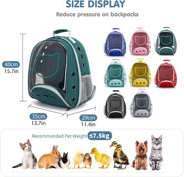 Рюкзак для котів та маленьких собак PETCUTE, дихаючий, знімний килимок, до 6 кг, з прозорим вікном, для подорожей (темно-зелений)