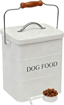 Контейнер для корму для собак з металу, 2.3 кг – герметичний контейнер для зберігання корму з кришкою, дерев'яною ручкою та ложкою – білий контейнер для сухого корму, ласощів, печива для собак – вінтажна коробка для запасів