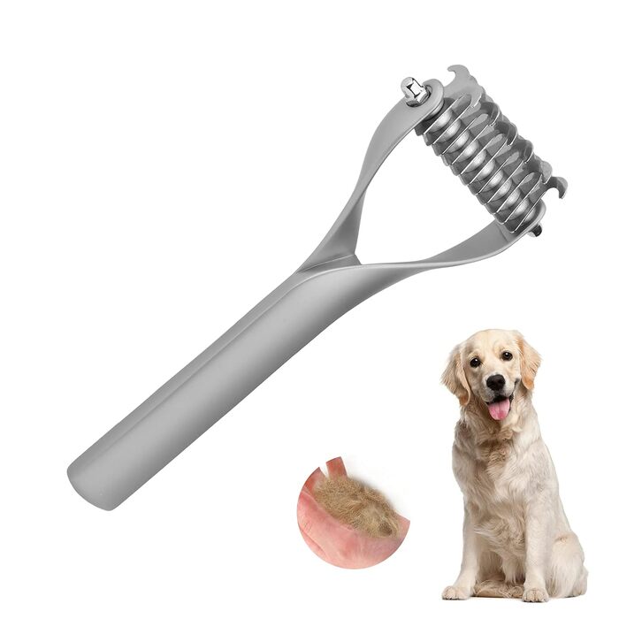 Гребінець для собак з довгою шерстю та котів, 2-сторонній гребінець для підшерстка зі сталевими лезами, зрізач ковтунів, догляд за шерстю. Ефективне видалення ковтунів, щадний до шкіри, для собак з довгою шерстю (S), сріблястий