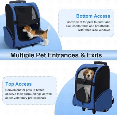 Роликова переноска для домашніх тварин, рюкзак для собак з телескопічною ручкою та кишенями, переноска для собак для маленьких тварин, 42x26x55 см, регульована ручка, оксфордська тканина, Королівський синій