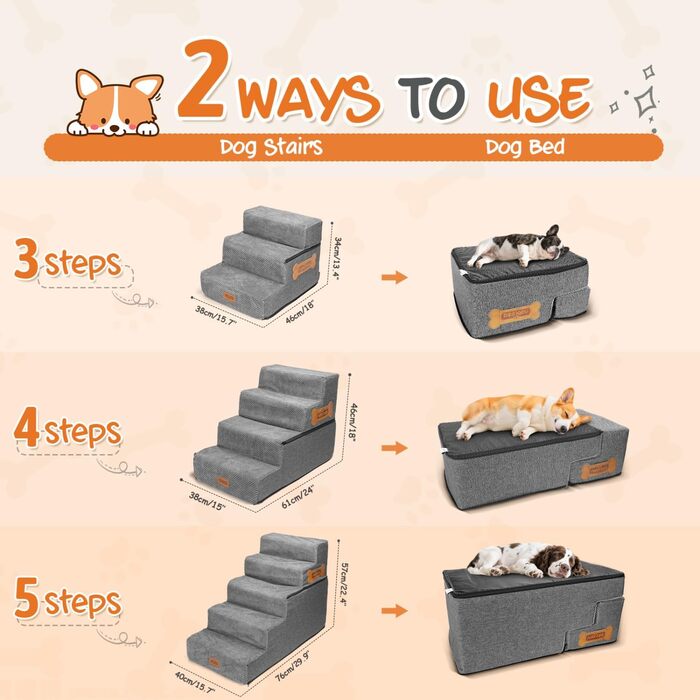 Східці для собак Nobleza - пандус для тварин з валиком для ворсу, 5 сходинок. Підходять для собак та котів, для ліжка та дивану
