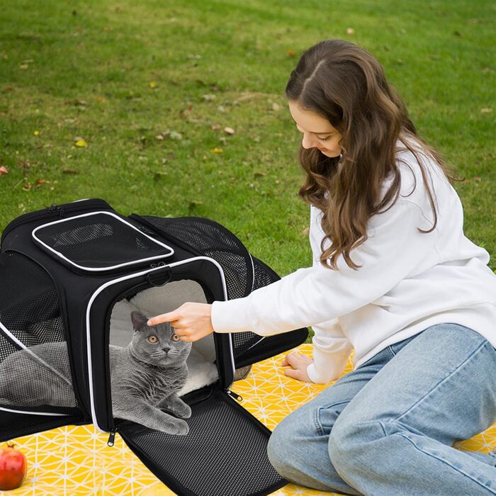 Транспортна сумка для котів та собак PETCUTE, складана переноска для собак з виймальною підстилкою, страхувальний поводок, дихаюча переноска для тварин в авто для подорожей (Чорний+Білий)