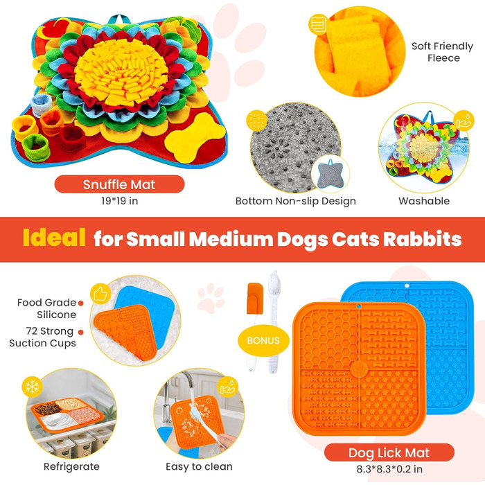 Набір килимків для собак: килимок для нюхання та килимок для ласощів. Інтерактивна іграшка-головоломка для цуценят, маленьких собак і котів. Розвиває когнітивні навички, стимулює розумову активність. Розміри: 38,1 x 38,1 см (килимок) + 20,3 x 20,3 см (кил