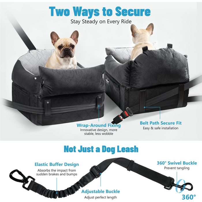 Автокрісло для собак EASTBLUE Medium: чорний/сірий, Memory Foam, з ременем безпеки, для собак до 15.9 кг