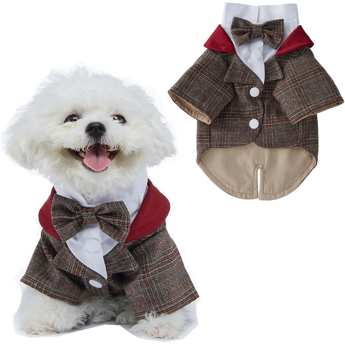 Елегантний костюм для собак: смокінг для маленьких та середніх собак, коричневий, з краваткою, для вечірки, дня народження, фестивалю, розмір S (довжина спини 24 см)