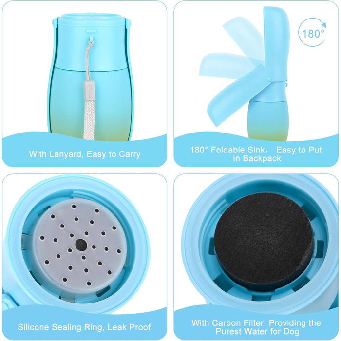 Поїлка для тварин JOPHEK 300мл: складана пляшка для собак та котів з фільтром, противитікаюча, блакитно-зелена