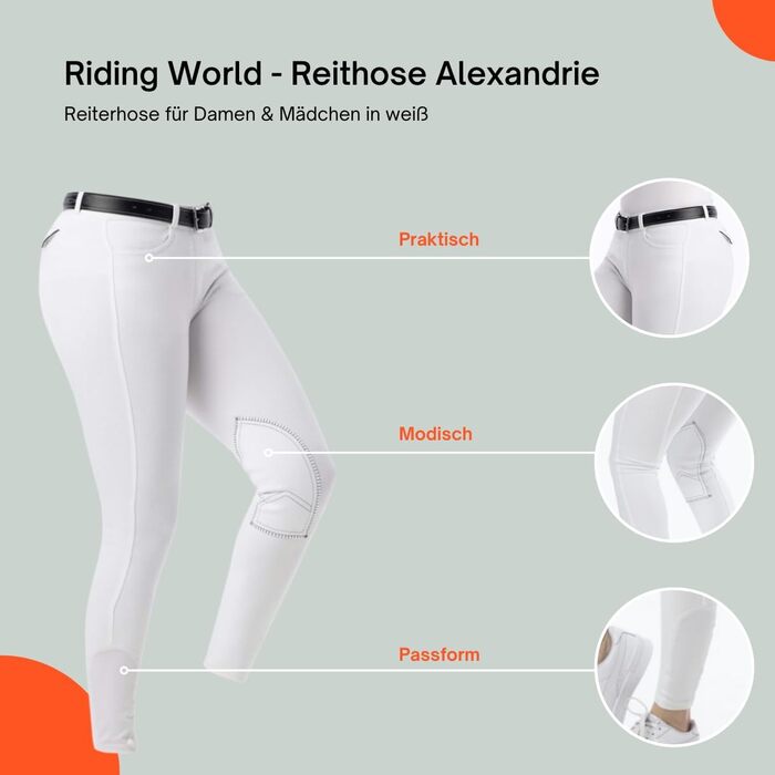 Верхні штани для їзди верхи Riding World Alexandrie для жінок та дітей | Еластичні штани для верхової їзди з накладкою на колінах | з кишенями спереду | Легінси для верхової їзди в шести кольорах | Екіпірування для верхової їзди розмір 104-176 та 32-44 | 