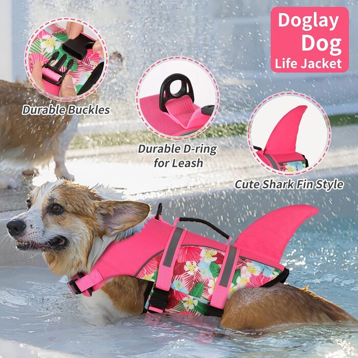 Жилет для плавання собак Doglay з принтом акули, рожевий, X-Small. Забезпечує плавучість та безпеку під час купання та катання на човні.