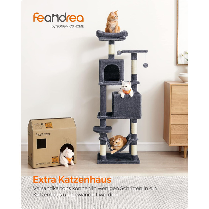 Котячий комплекс Feandrea 155 см, багаторівневий, 5 стовпців для дряпання, 2 платформи, 2 будиночки, гамак, іграшки, плюш, сірий