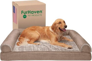 Лежак для собак і котів Furhaven Sofa, охолоджуючий гель, ортопедична піна, плюш, знімний чохол, велика, Woodsmoke