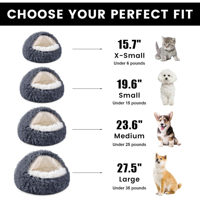 Кругле собаче ліжко NOYAL з капюшоном для маленьких та середніх тварин – плюшеве, м'яке, заспокійливе ліжко-печера для котів та собак (велике 70 см, сірий темно-сірий)