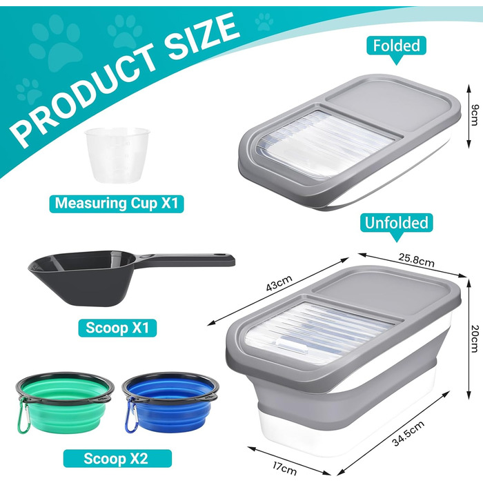 Контейнер для корму для собак, 8 кг, складаний, з кришкою та мірним ковпачком, герметичний, для зберігання