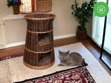 Корзина для котів для сну – котяча хатинка для дому – розмір 43 x 49 x 70 см, кругла – котяча печера з лози, трирівневе ліжко для собак або котів з пральними подушками в бежевому кольорі – лакована корзина (коричневі подушки)