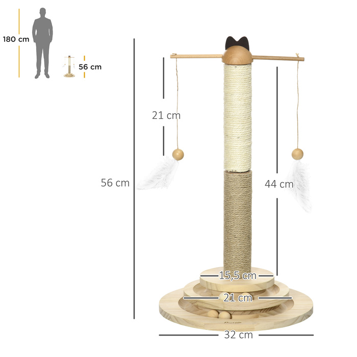 PawHut Cat Tower 56H см з 3-рівневим поворотним столом, дошкою для кігтеточок, іграшкою-м'ячем, кігтеточкою з натурального дерева для котів