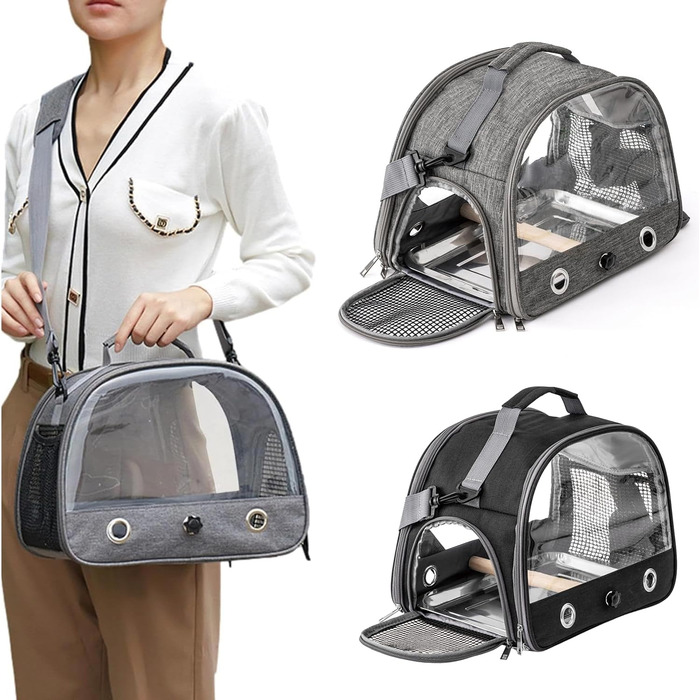 Транспортна сумка для папуг, переносна сумка для птахів з підставкою та підносом з нержавіючої сталі, легкий рюкзак для папуги, складана переносна коробка для птахів, переносна сумка для маленьких птахів, для папуг (чорна)