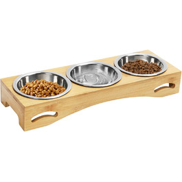 Набір мисок для котів та собак 3 шт. з підставкою з бамбука, підняті миски, нержавіюча сталь