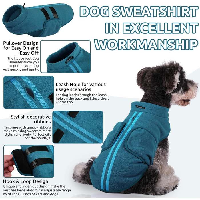 Теплий флісовий жилет для собак Пузаукал: зручний одяг для маленьких та середніх собак, жилетка для собак, тепла сорочка для собак, жилет для котів та собак, колір Павич
