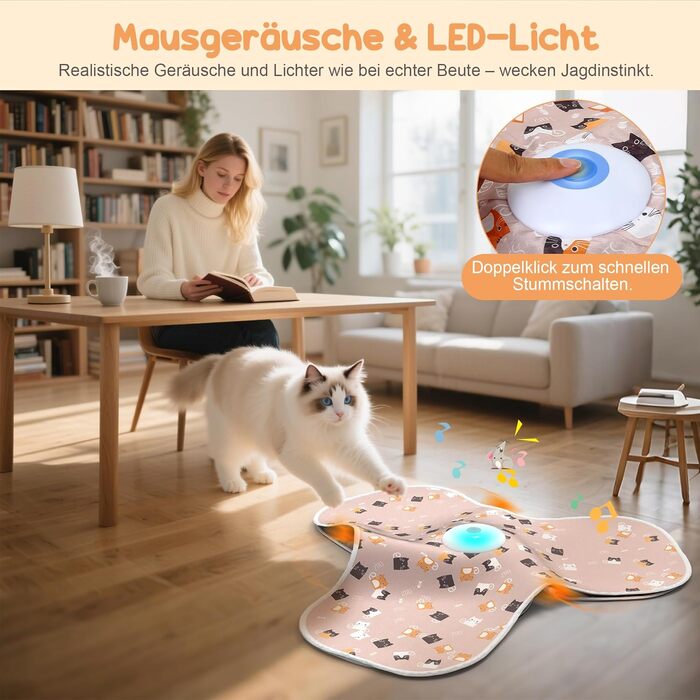 Інтерактивна іграшка для котів FLERDMAU з 3 режимами, з пір'ям та мишкою, електрична, для кількох котів, рожева