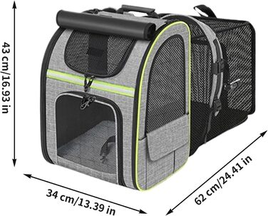 Транспортна сумка для котів, рюкзак для маленьких собак – дихаюча, розкладна сумка-переноска для подорожей, сіра з зеленими вставками