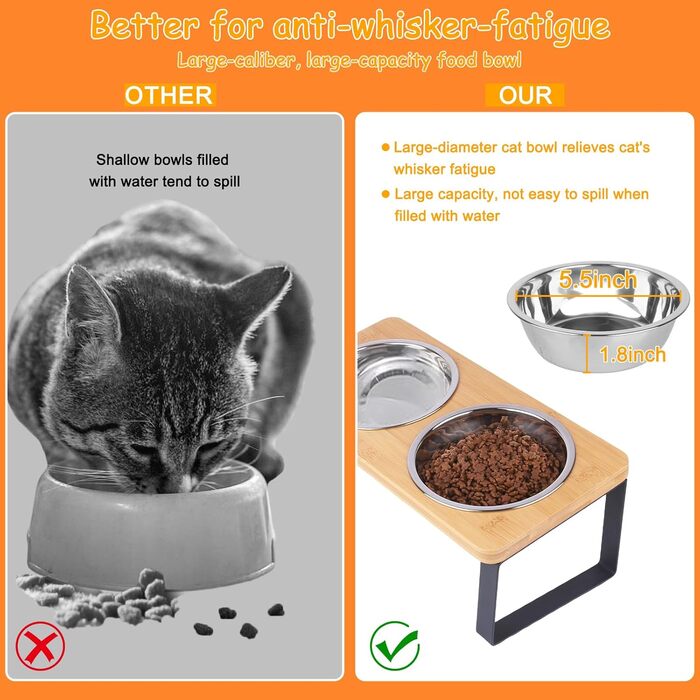 Підвищена годівниця для котів з нержавіючої сталі (907.2 г), антиковзаюча, нахилена під 15°, для котів та цуценят