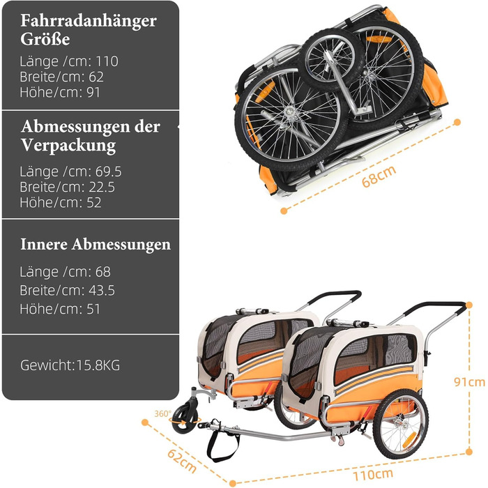 Причеп-трансформер для собак 2-в-1 для велосипеда та бігу – для собак до 30 кг, з гальмами, сигнальним прапором, для активного відпочинку та дому, легкий у збиранні (Помаранчевий)