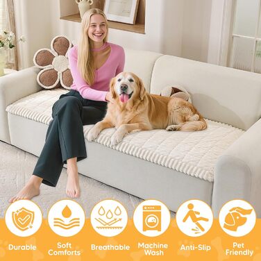 Плед на диван для собак, фланелевий, 70 x 180 см, бежевий. М'який, зручний, антиковзаючий, для захисту дивана від шерсті та бруду. Можна прати в машині.