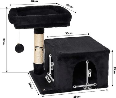 Дряпка для котів Lionto з лежаком та печерею, 50 см, з м'ячиком та дзвіночком, мотузкою з сизалю та плюшем, підходить для котів будь-якого розміру (Чорний)