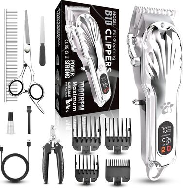 Професійна машинка для стрижки собак з товстим хутром, бездротова з LED-дисплеєм, тиха, акумуляторна, триммер для собак з набором для догляду за кігтями (срібна)