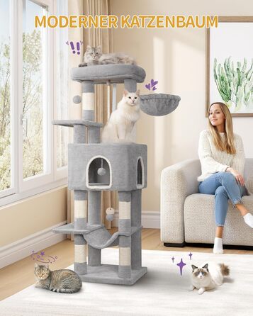 Когтедрашка для котів Hzuaneri, 149 см, з 5 когтеточками, платформами, будиночком, помпонами, сірого кольору MS14918LG