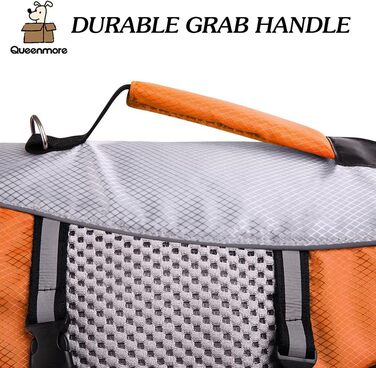 Жилет для плавання собак Queenmore, регульований, високопомітний, з рятувальним гачком, з кільцем для повідка (Помаранчевий, M)