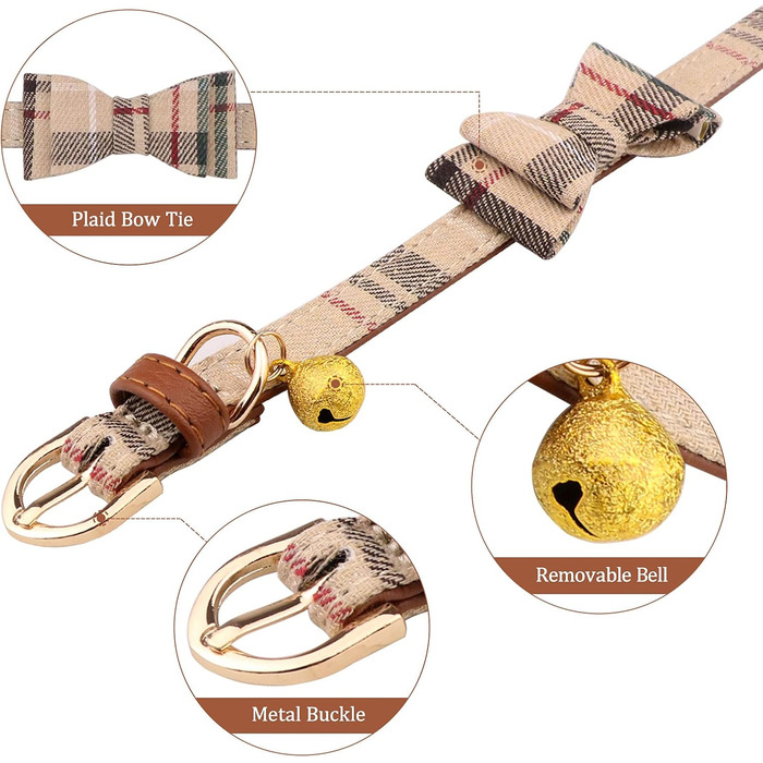 Нашийник для собак, цуценят та котів, комплект з 3 шт., з бантиком та дзвіночком, 9''-11.5'', Бежевий