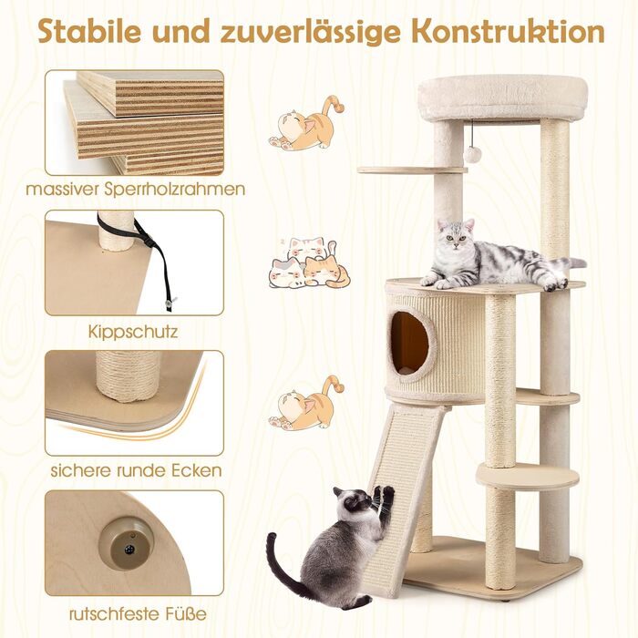 Дерев'яний котячий комплекс COSTWAY 143 см з когтеточкою, платформою, сходами та іграшкою. Активний комплекс для котів з печерею та сизалевими стовпчиками.