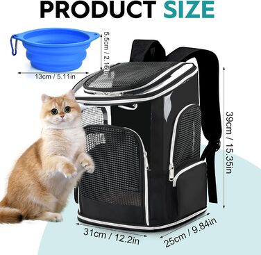 Рюкзак для тварин: переноска для собак та котів, до 9 кг, з сіткою та мискою, чорний