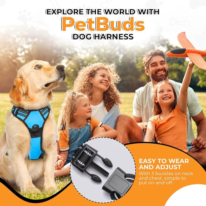 Регульована антиковзна шлея для собак PetBuds, з повідцем 1,5 м, дихаюча та міцна, для всіх порід, синя, розмір XL