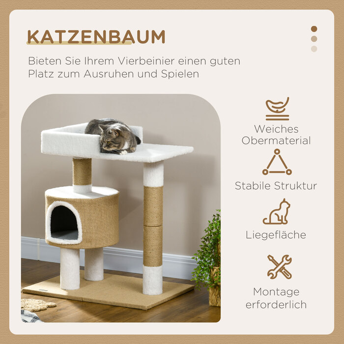 Кігтеточка PawHut 79см маленьке котяче дерево з котячою печерою та лежачою поверхнею для котів до 8 кг з джуту в коричневому/білому кольорі