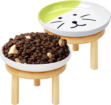 Набір мисок для котів з бамбуковим підставкою (2 шт.), 15 см, кераміка, зручні для вусів, зелені