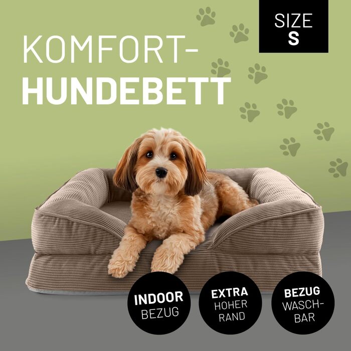 Ортопедичне ліжко для собак Lumaland з корду | Ергономічне собаче ліжко-софа 70x60 см - для маленьких собак | Нековзне дно | Знімний та пральний чохол | Корзина для собак з Memory Foam Cord - Світло-коричневий 70 x 60 см - S
