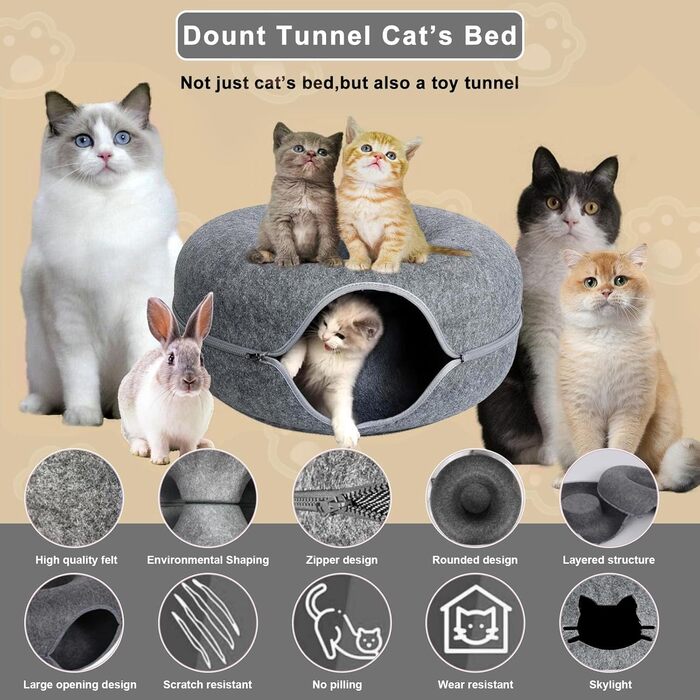 Туннель для котів KunpengZen, філцевий, з шурхотливим елементом, 50 см, темно-сірий. Підходить для котів, кроликів, цуценят до 4 кг