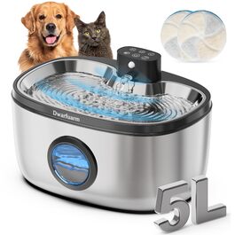 Фонтанчик для собак 5л з нержавіючої сталі з LED-сенсором та 4-шаровою фільтрацією, також підходить для котів. Бездротовий, 4000mAh