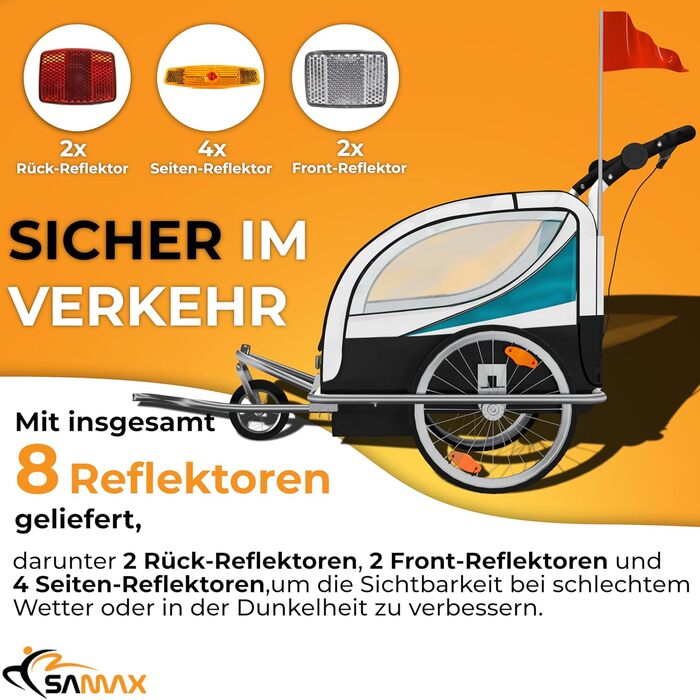 SAMAX Fahrradanhänger Jogger 2in1: Дитячий велопричіп-коляска 2в1 для 2 дітей, повне зчеплення, поворот на 360° (Блакитний - Срібляста рама)