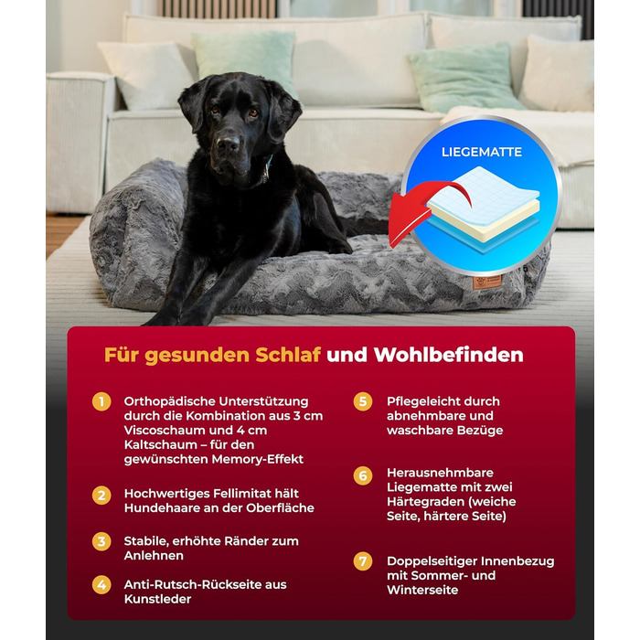 Ортопедичне ліжко для собак HS-Hundebett® Deluxe Exklusiv S (60x75 см) з Memory Foam, антиковзаючою основою та можливістю прання. Виготовлено в Німеччині (Антрацит, 90 x 110 см)