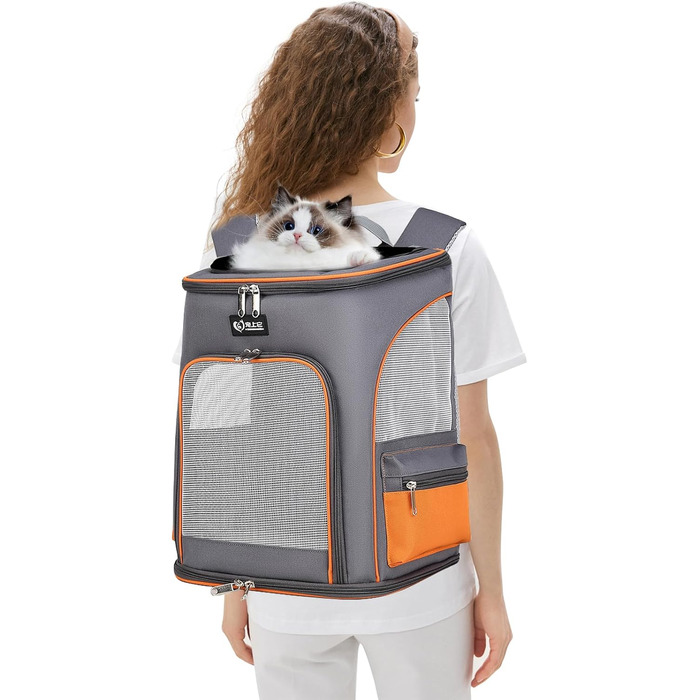 Рюкзак для собак та котів PETCUTE, дихаючий, з висувною підстилкою, прозоре вікно, складаний, з поводком, для подорожей, Малахіт+Білий (Сірий+Помаранчевий)
